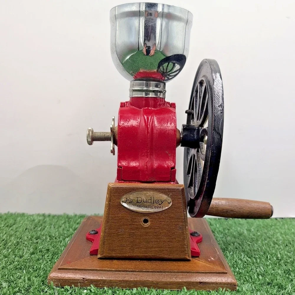 Vintage Mr. Dudley International Red Cast Iron Coffee Manual Wheel‎ Grinder Wood